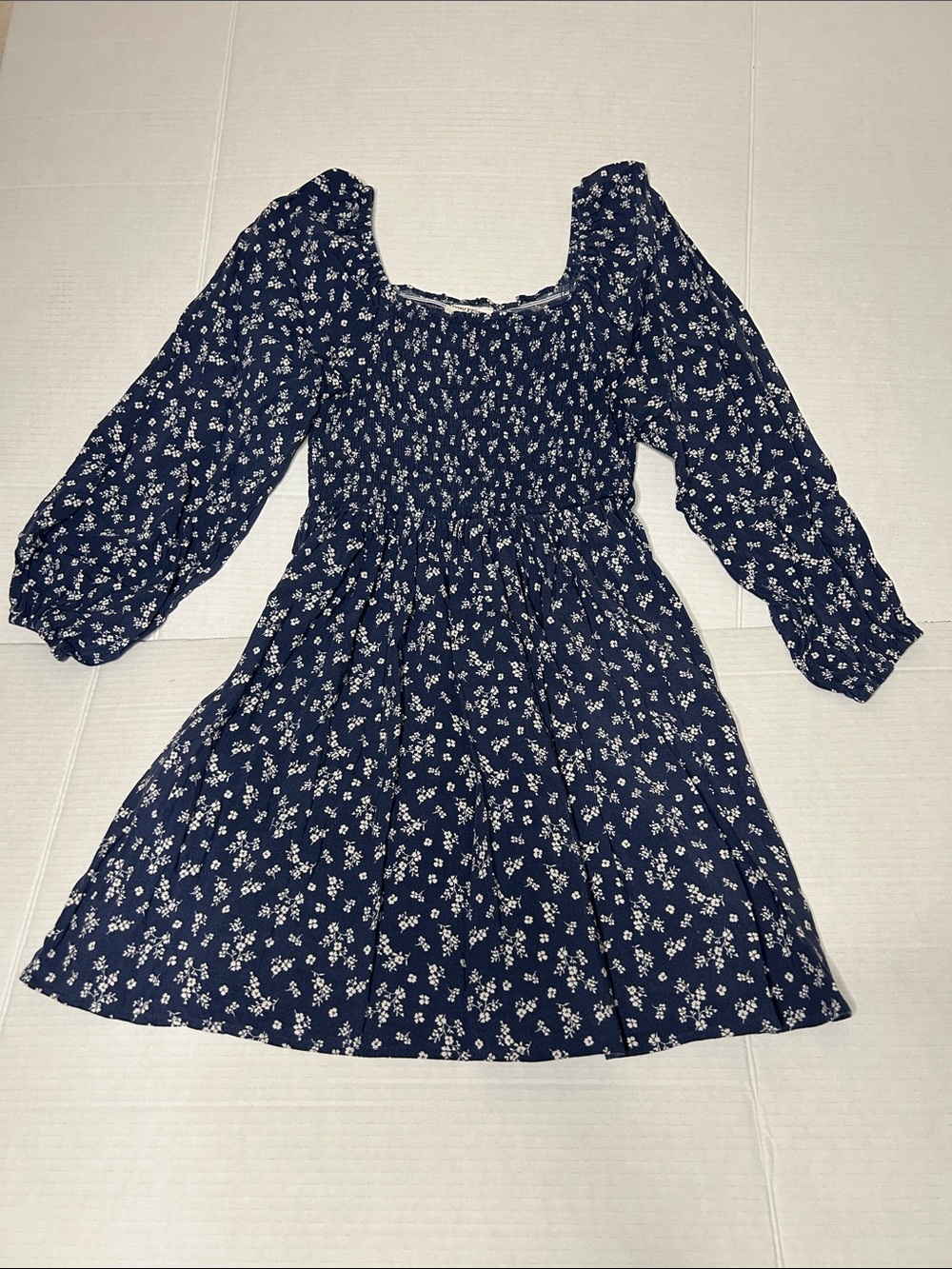 Hello Frank L(12) Girls Navy Blue Floral Smocked Waist Dress with side pockets
